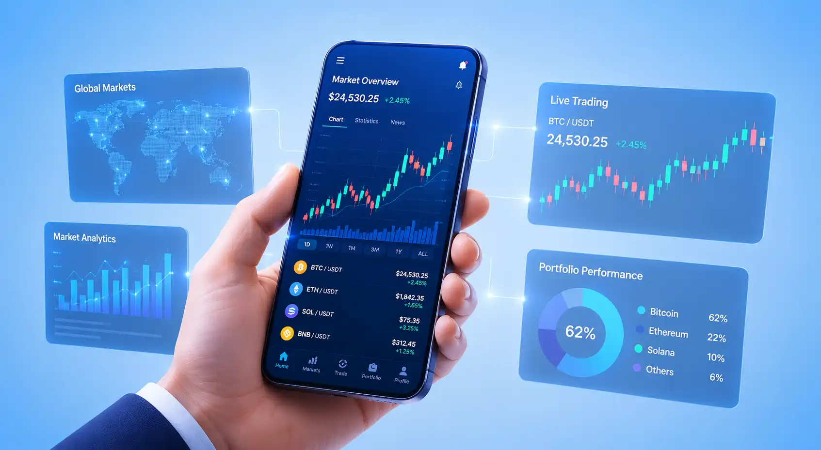 Live market overview dashboard on a mobile phone showing candlestick charts and portfolio performance
